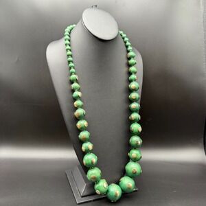 💚 32" Bold Green Wood Bead Necklace w/ Brass Dot Inlays – Tribal Boho Vibe 💚